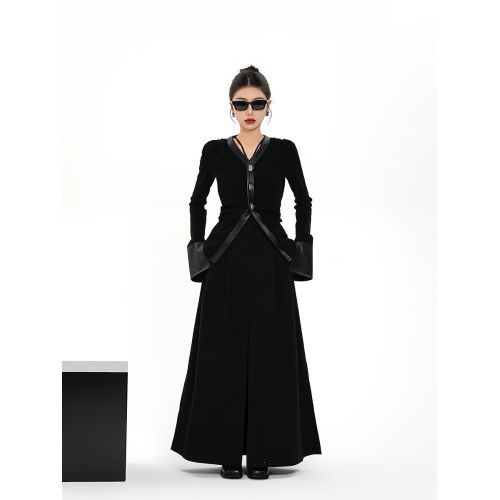 SRYS拼皮收腰顯瘦高腰長袖開衫黑色V領短外套襯衫上衣新款春裝女 SRYS拼皮收腰顯瘦高腰長袖開衫黑色V領短外套襯衫上衣新款春裝女