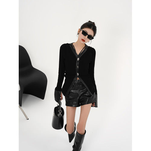 SRYS拼皮收腰顯瘦高腰長袖開衫黑色V領短外套襯衫上衣新款春裝女 SRYS拼皮收腰顯瘦高腰長袖開衫黑色V領短外套襯衫上衣新款春裝女