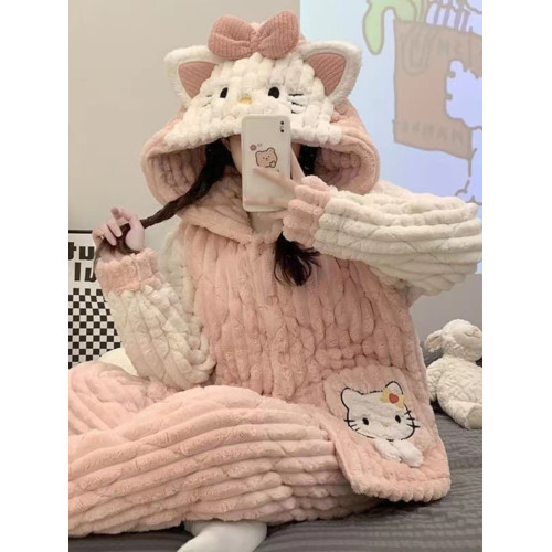 珊瑚絨睡衣女款冬季加厚加絨三層夾棉保暖法蘭絨家居服套裝可外穿