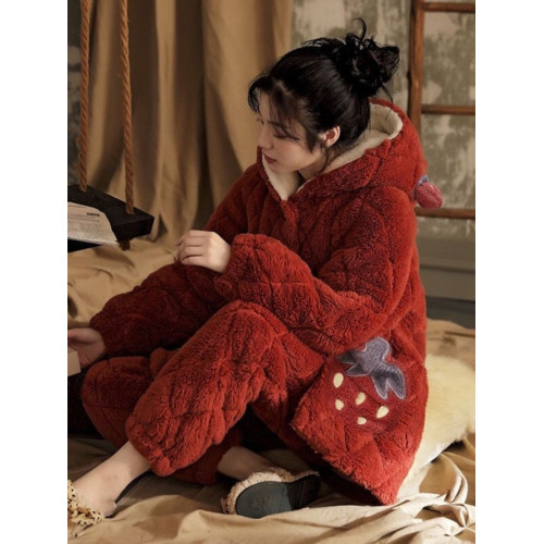 珊瑚絨睡衣女款冬季加厚加絨三層夾棉保暖法蘭絨家居服套裝可外穿