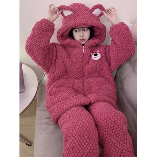 珊瑚絨睡衣女款冬季加厚加絨三層夾棉保暖法蘭絨家居服套裝可外穿