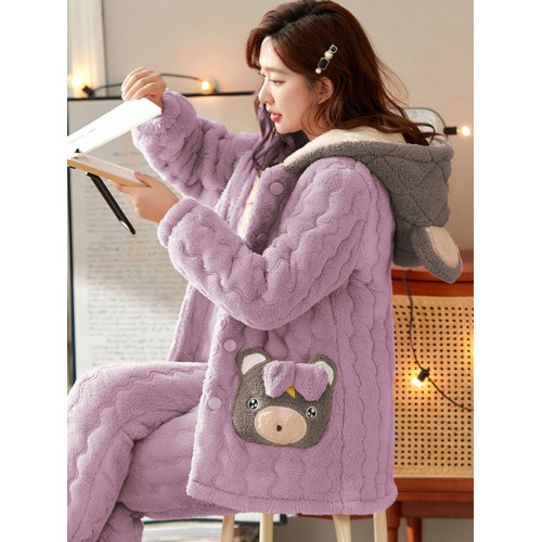 珊瑚絨睡衣女款冬季加厚加絨三層夾棉保暖法蘭絨家居服套裝可外穿