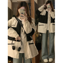 美式撞色沖鋒春秋外套男女秋季戶外登山棉服寬松連帽工裝拼色