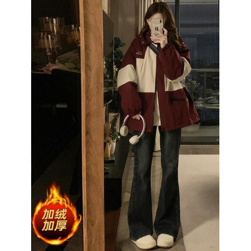 美式撞色沖鋒春秋外套男女秋季戶外登山棉服寬松連帽工裝拼色