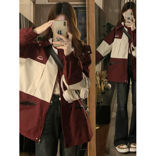 美式撞色沖鋒春秋外套男女秋季戶外登山棉服寬松連帽工裝拼色