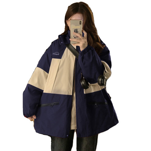 美式撞色沖鋒春秋外套男女秋季戶外登山棉服寬松連帽工裝拼色