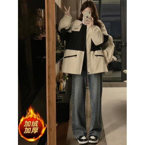 美式撞色沖鋒春秋外套男女秋季戶外登山棉服寬松連帽工裝拼色