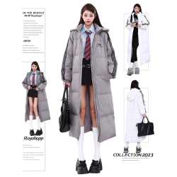 MZVZ灰色連帽中長款過膝羽絨棉服女冬季加厚外套2024年新款麵包服