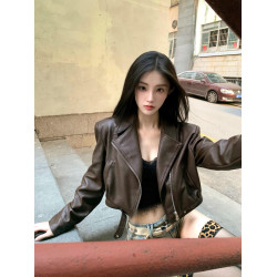 史塔克短款夾克辣妹棕色長袖秋上衣機車服Pu皮外套女2024新款百搭