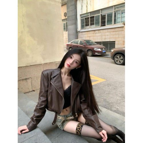 史塔克短款夾克辣妹棕色長袖秋上衣機車服Pu皮外套女2024新款百搭 史塔克短款夾克辣妹棕色長袖秋上衣機車服Pu皮外套女2024新款百搭