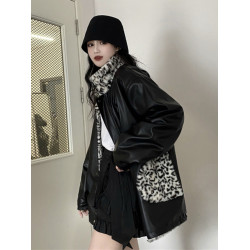 鹽系炸街外套女雙面棉服女兩面穿秋冬豹紋機車服羊羔絨加厚pu皮衣