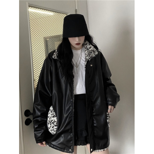 鹽系炸街外套女雙面棉服女兩面穿秋冬豹紋機車服羊羔絨加厚pu皮衣 鹽系炸街外套女雙面棉服女兩面穿秋冬豹紋機車服羊羔絨加厚pu皮衣