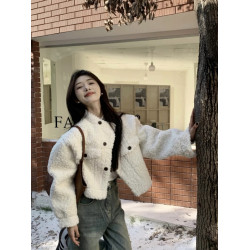 HuaHua 花花 秋冬季小香風加厚羊羔毛上衣皮毛一體設計短款女外套