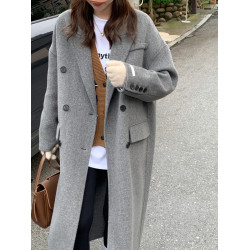 韓國東大門2025秋冬新款雙面羊絨大衣女中長款寬松過膝羊毛呢外套