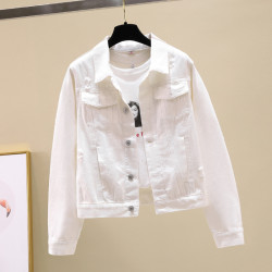 2025春季新款韓版百搭磨破長袖牛仔外套女短款寬松白色上衣夾克潮