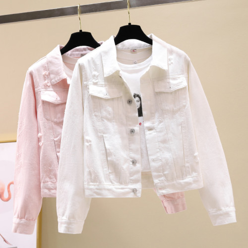 2025春季新款韓版百搭磨破長袖牛仔外套女短款寬松白色上衣夾克潮 2025春季新款韓版百搭磨破長袖牛仔外套女短款寬松白色上衣夾克潮