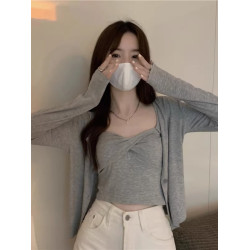 黑色防曬針織開衫女裝外套小個子短款上衣披肩吊帶外搭罩衫秋冬