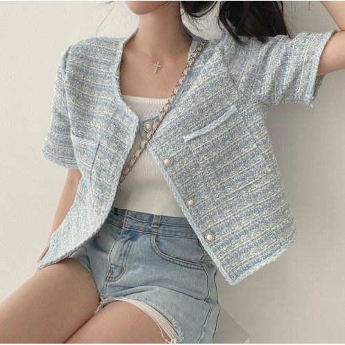 小香風韓系短袖開衫外套女裝夏季高級感小衆粗花呢絕美短款上衣潮 小香風韓系短袖開衫外套女裝夏季高級感小衆粗花呢絕美短款上衣潮