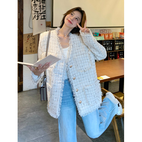 小香風米白色V領外套女2025年秋季新款高級感名媛氣質粗花呢上衣 小香風米白色V領外套女2025年秋季新款高級感名媛氣質粗花呢上衣