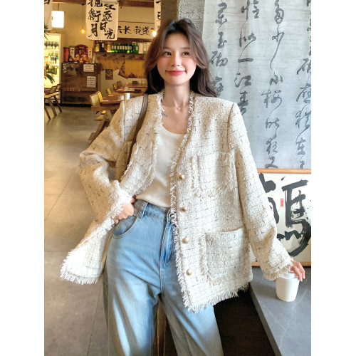 小香風米白色V領外套女2025年秋季新款高級感名媛氣質粗花呢上衣 小香風米白色V領外套女2025年秋季新款高級感名媛氣質粗花呢上衣