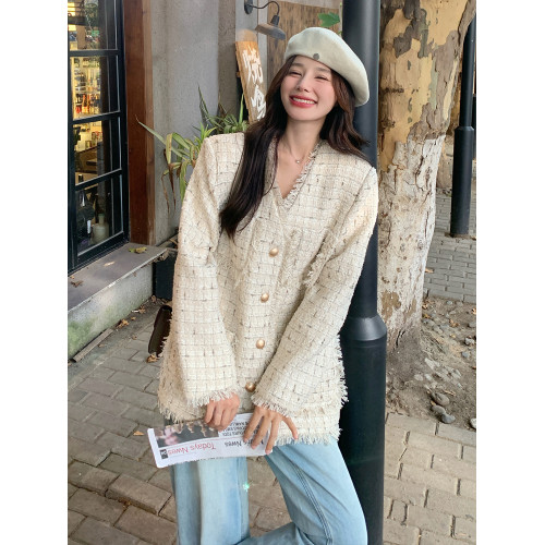 小香風米白色V領外套女2025年秋季新款高級感名媛氣質粗花呢上衣 小香風米白色V領外套女2025年秋季新款高級感名媛氣質粗花呢上衣