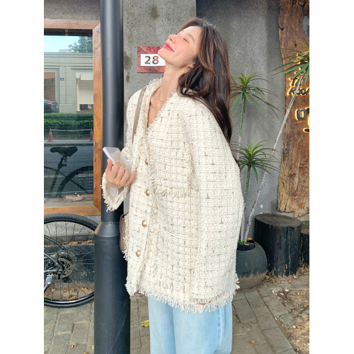 小香風米白色V領外套女2025年秋季新款高級感名媛氣質粗花呢上衣 小香風米白色V領外套女2025年秋季新款高級感名媛氣質粗花呢上衣