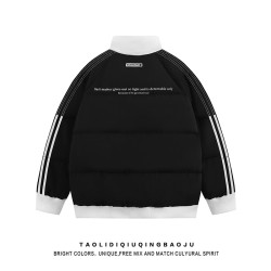 美式國潮牌織帶立領棉服外套女冬季新款復古情侶裝條紋棉衣麵包服