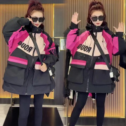 網紅款秋冬加棉歐貨重工時尚刺綉撞色沖鋒衣新款連帽字母寬松外套