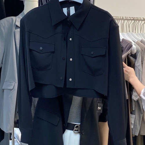 美式街頭風短款工裝夾克外套女高腰露臍長袖翻領口袋小西裝ins潮 美式街頭風短款工裝夾克外套女高腰露臍長袖翻領口袋小西裝ins潮