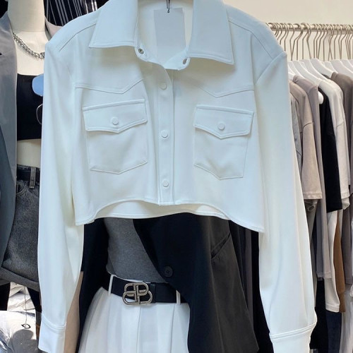 美式街頭風短款工裝夾克外套女高腰露臍長袖翻領口袋小西裝ins潮 美式街頭風短款工裝夾克外套女高腰露臍長袖翻領口袋小西裝ins潮