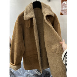 高級歐貨秋冬新款寬松加厚中長款復古麂皮絨翻領羊羔毛大衣外套女