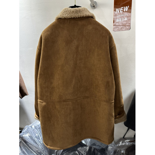 高級歐貨秋冬新款寬松加厚中長款復古麂皮絨翻領羊羔毛大衣外套女