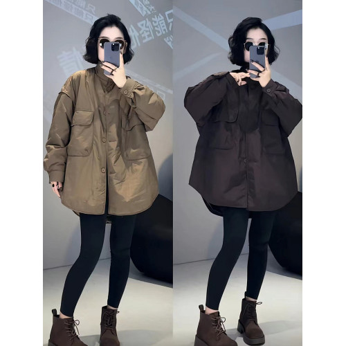 韓版時尚大口袋棉服外套女2025秋冬新款休閒百搭開衫輕薄棉衣上衣