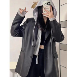 2025秋新款休閒皮衣外套女美式復古寬松時尚黑色小西裝pu皮夾克