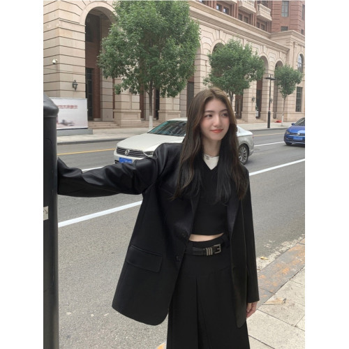 2025秋新款休閒皮衣外套女美式復古寬松時尚黑色小西裝pu皮夾克 2025秋新款休閒皮衣外套女美式復古寬松時尚黑色小西裝pu皮夾克