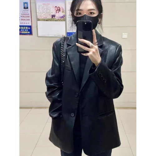 2025秋新款休閒皮衣外套女美式復古寬松時尚黑色小西裝pu皮夾克 2025秋新款休閒皮衣外套女美式復古寬松時尚黑色小西裝pu皮夾克