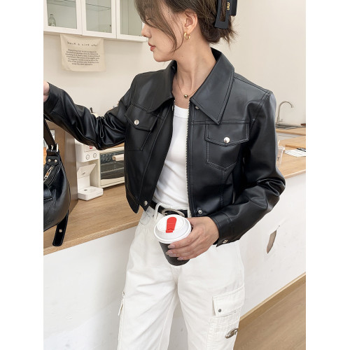 黑色短款皮衣外套女夾克2025秋季新款爆款設計感美式高級感小個子 黑色短款皮衣外套女夾克2025秋季新款爆款設計感美式高級感小個子