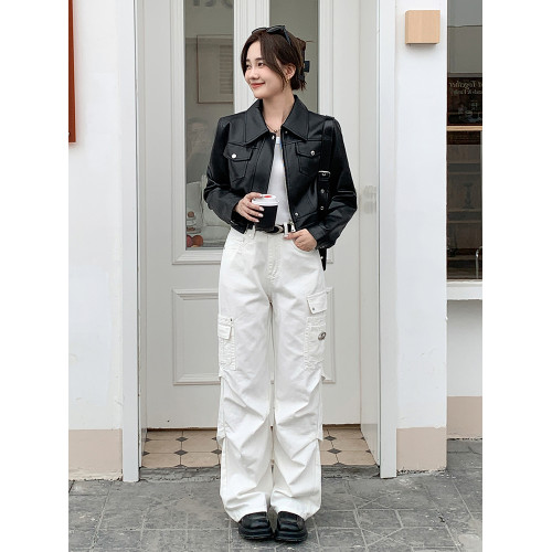 黑色短款皮衣外套女夾克2025秋季新款爆款設計感美式高級感小個子 黑色短款皮衣外套女夾克2025秋季新款爆款設計感美式高級感小個子