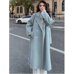 藍色呢子大衣女2025秋冬季新款韓版寬松加厚中長款系帶毛呢外套女