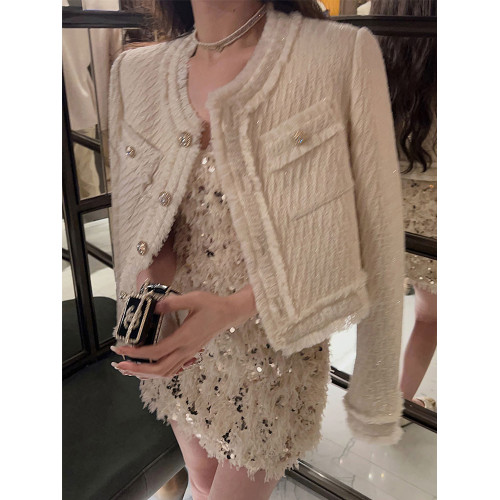 FFmiss◆名媛流蘇亮絲編織羊毛呢短外套女秋小香風粗花呢西裝開衫 FFmiss◆名媛流蘇亮絲編織羊毛呢短外套女秋小香風粗花呢西裝開衫