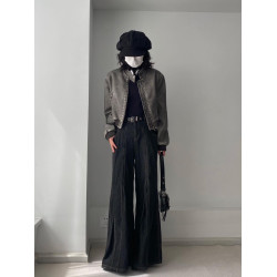 NOAYTOK 淺咖褪色水洗短款復古做舊辣妹修身拼接皮夾克女