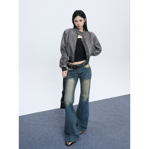 NOAYTOK 淺咖褪色水洗短款復古做舊辣妹修身拼接皮夾克女 NOAYTOK 淺咖褪色水洗短款復古做舊辣妹修身拼接皮夾克女