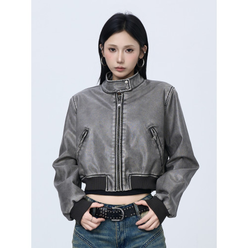 NOAYTOK 淺咖褪色水洗短款復古做舊辣妹修身拼接皮夾克女 NOAYTOK 淺咖褪色水洗短款復古做舊辣妹修身拼接皮夾克女