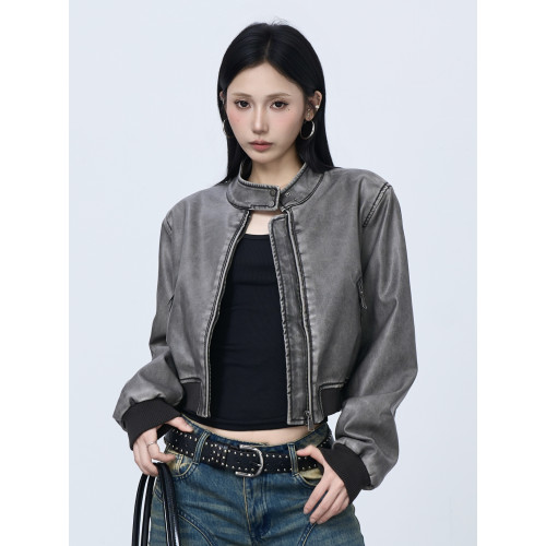 NOAYTOK 淺咖褪色水洗短款復古做舊辣妹修身拼接皮夾克女 NOAYTOK 淺咖褪色水洗短款復古做舊辣妹修身拼接皮夾克女