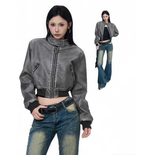 NOAYTOK 淺咖褪色水洗短款復古做舊辣妹修身拼接皮夾克女 NOAYTOK 淺咖褪色水洗短款復古做舊辣妹修身拼接皮夾克女