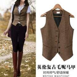 英倫風秋冬時尚馬甲女外穿百搭復古女生毛呢短款休閒大碼馬夾背心