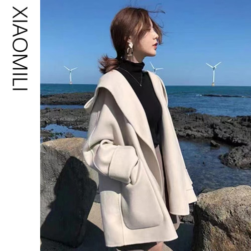 米白色毛呢外套女春秋季高級感小香風雙面呢連帽大衣寬松外搭上衣 米白色毛呢外套女春秋季高級感小香風雙面呢連帽大衣寬松外搭上衣
