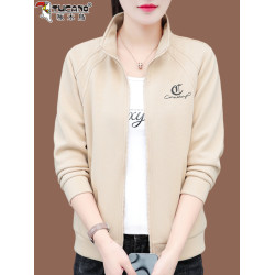 啄木鳥短款外套女2025春秋新款中年媽媽時尚休閒薄款立領夾克上衣