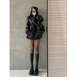 YoungGirlDay歐美時髦翻領寬松系帶收腰中長款pu皮衣機車服外套女