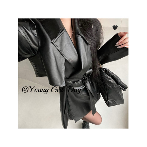YoungGirlDay歐美時髦翻領寬松系帶收腰中長款pu皮衣機車服外套女 YoungGirlDay歐美時髦翻領寬松系帶收腰中長款pu皮衣機車服外套女